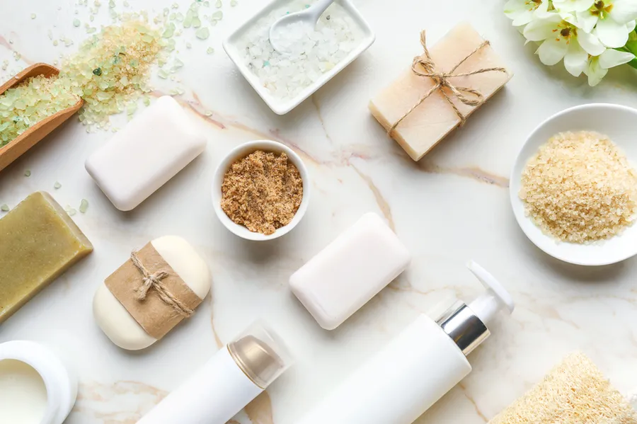Handmade soaps and wellness products on a shelf